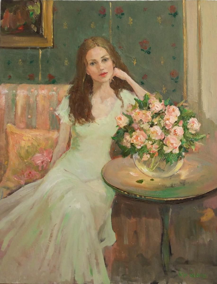 Katya Gridneva, Portrait with pink peonies