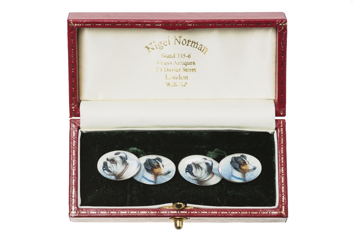 Antique Cufflinks in Sterling Silver with Coloured Enamel Portraits of a pair of Dogs, German circa 1910