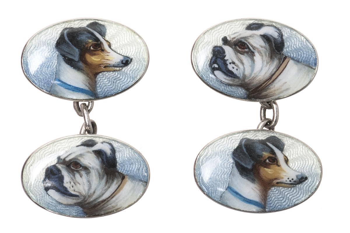 Antique Cufflinks in Sterling Silver with Coloured Enamel Portraits of a pair of Dogs, German circa 1910