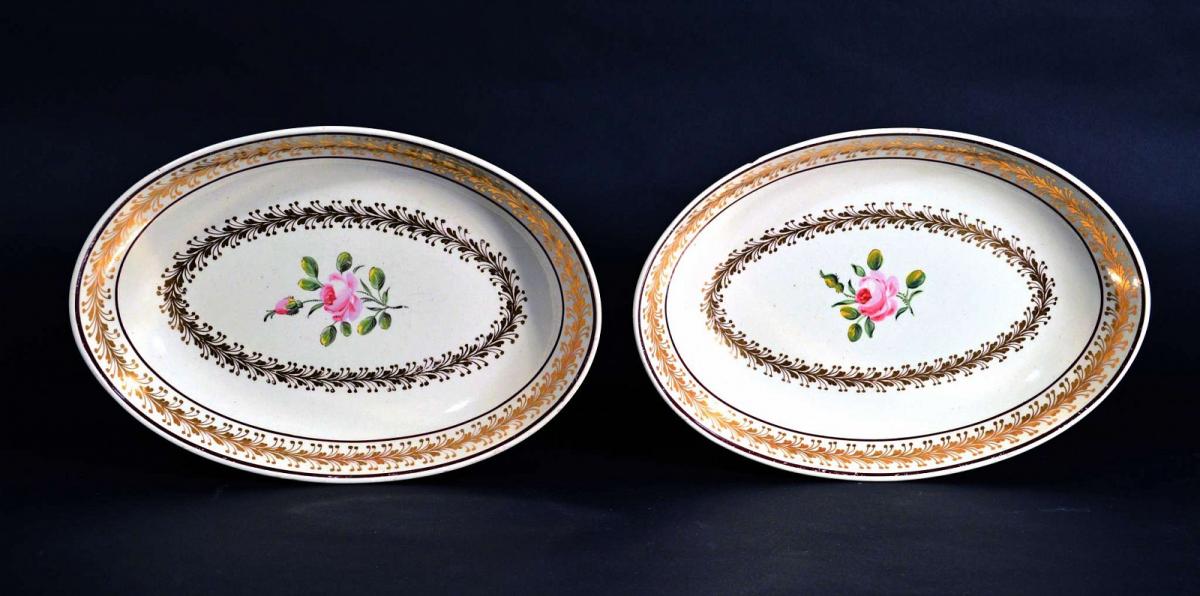 English Creamware Oval Polychrome Botanical Dishes, Neale or Neale & Wilson, Circa 1785-90