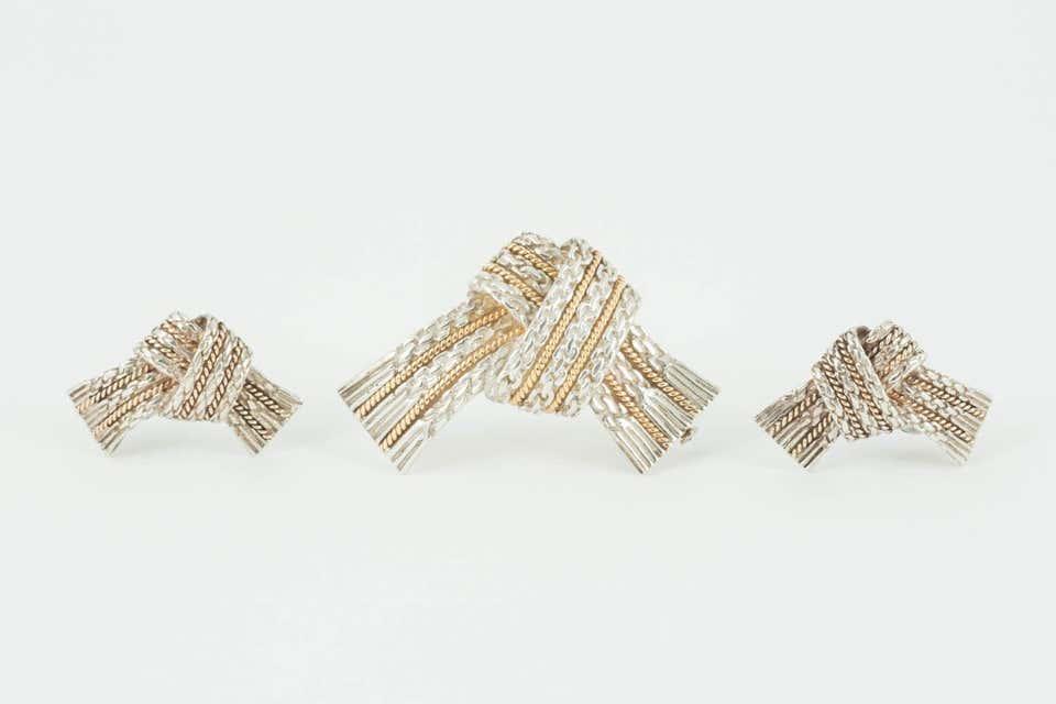 Vintage Hermès Paris Tied Ribbon Clip Earrings in Silver & 18 Karat Gold, French circa 1960
