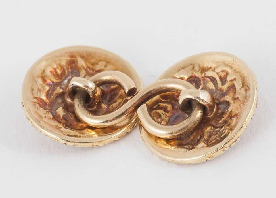 Antique Carved Gold Floral Cufflinks with Turquoise Centre, English circa 1840