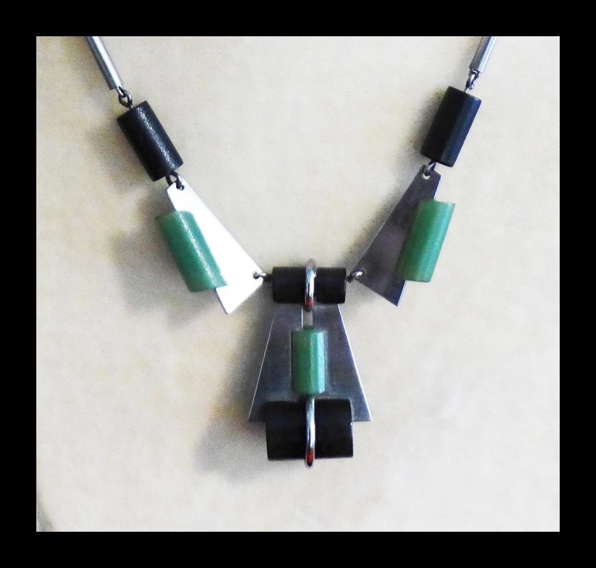 Art Deco Period Necklace,Green and Black Galalith