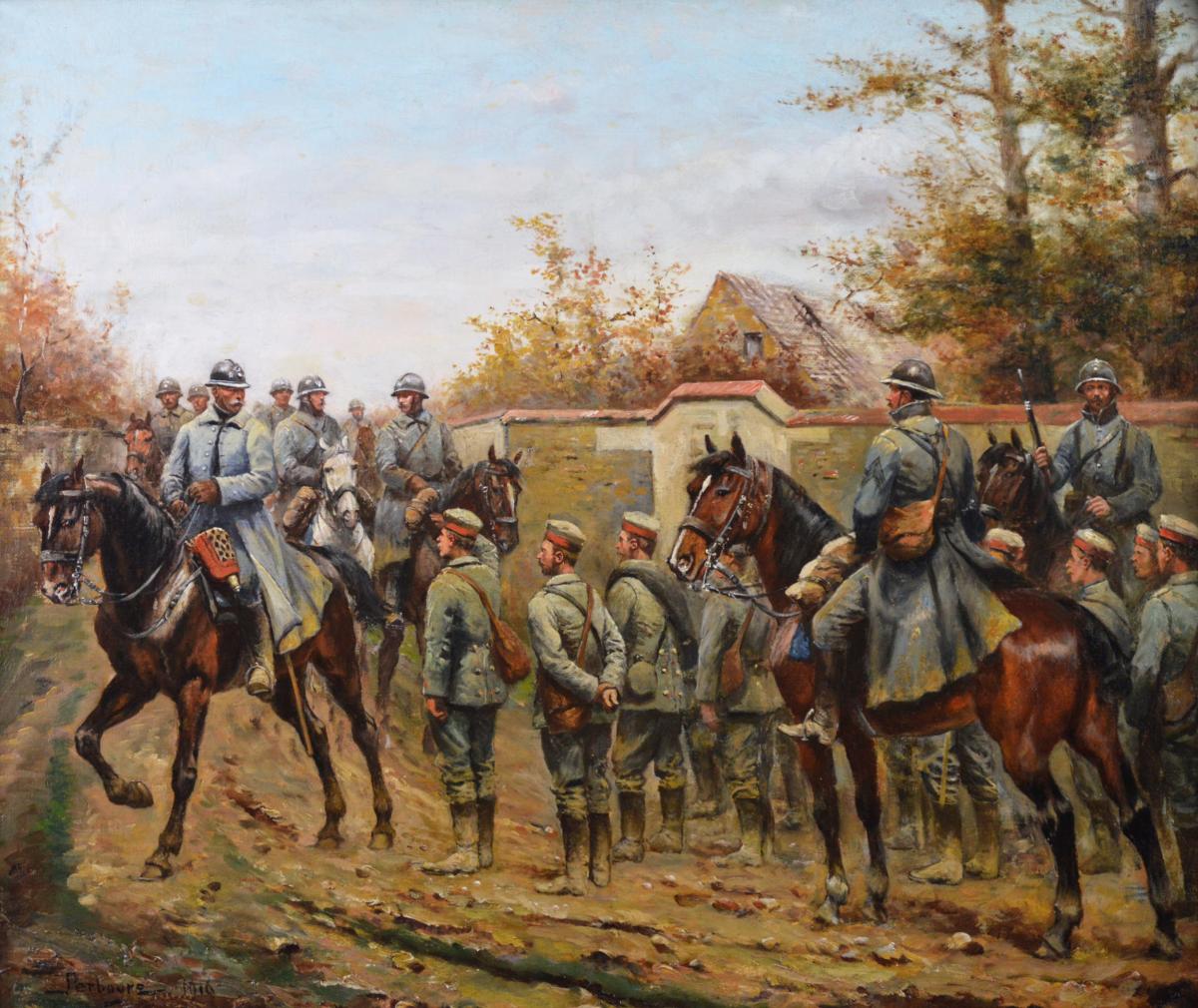 Military WW1 oil painting of French and German Soldiers by Paul-Emile Perboyre
