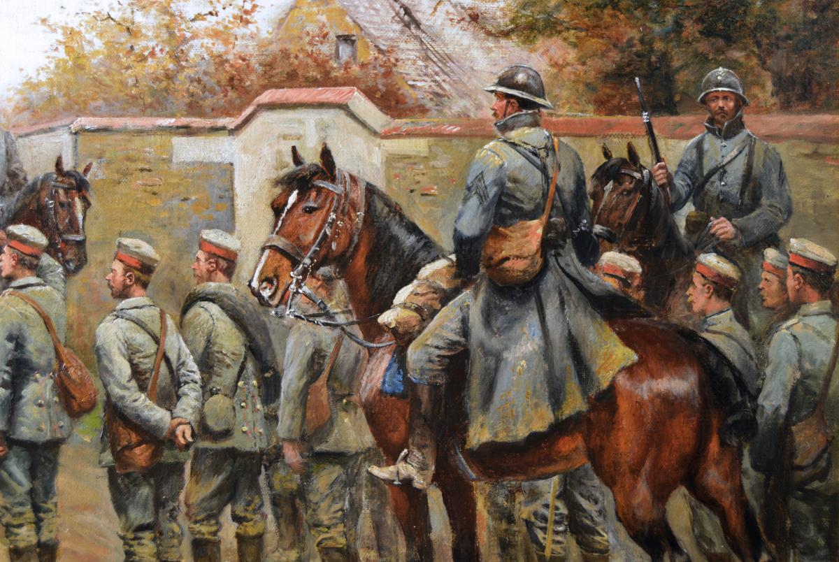 Military WW1 oil painting of French and German Soldiers by Paul-Emile Perboyre