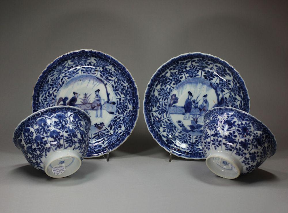 Pair of Chinese blue and white moulded bowls and saucers, Kangxi (1662-1722)