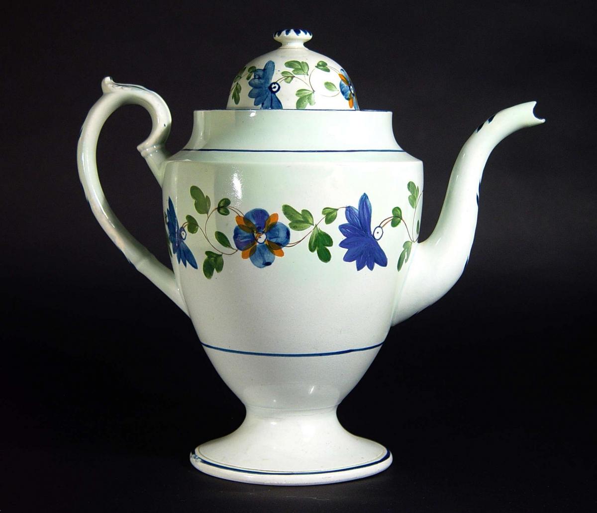 English Pottery Pearlware Botanical Coffee Pot & Cover, Circa 1820-25
