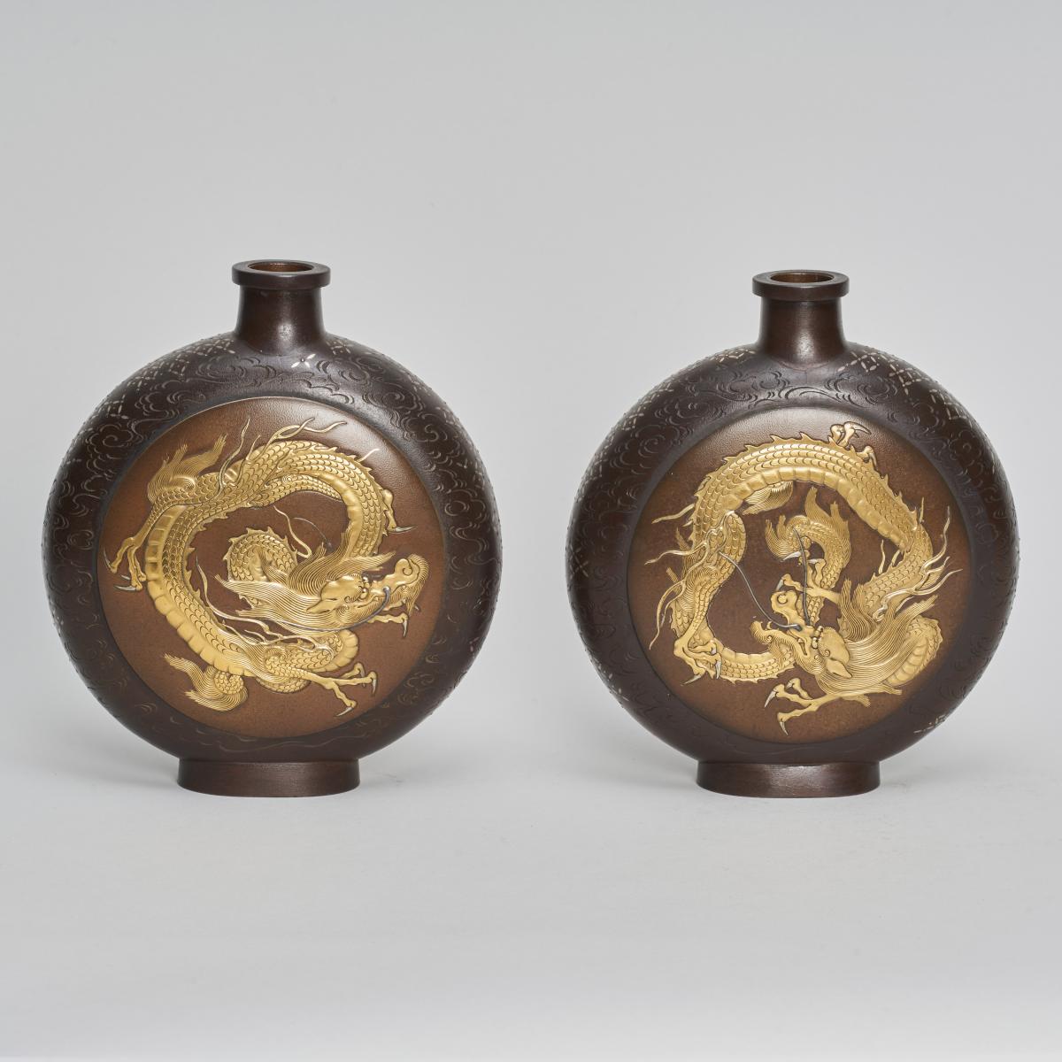 Japanese Meiji Period bronze moon flask vases