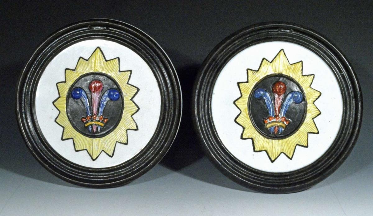 English Antique Prattware Pearlware Pottery Plaques of Prince of Wales Feathers, Circa 1800-1820