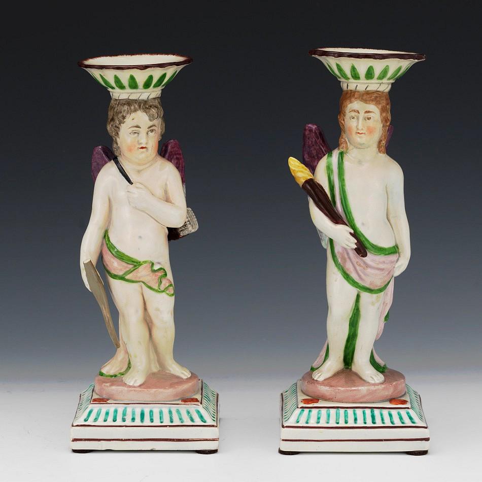 Pair of English Pearlware Figural Candlesticks, Attributed to Neale & Co., Circa 1800