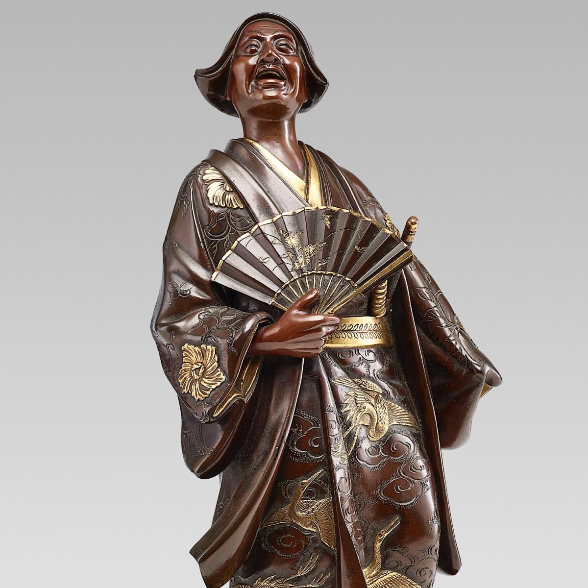 Japanese bronze Entertainer signed Miyao saku, Meiji Period