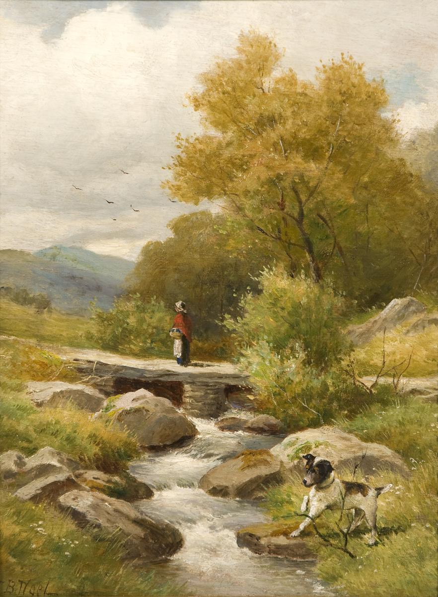 John Bates Noel, Landscape with figure on a bridge & dog