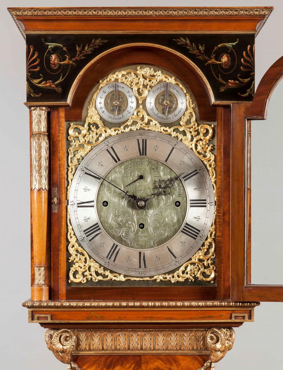 An Antique painted Satinwood Longcase Clock by Maple & Company