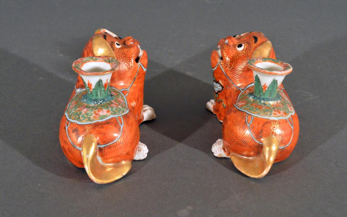 Chinese Export Porcelain Canton Pair of Foo Dog Candlesticks, Circa 1840-60 