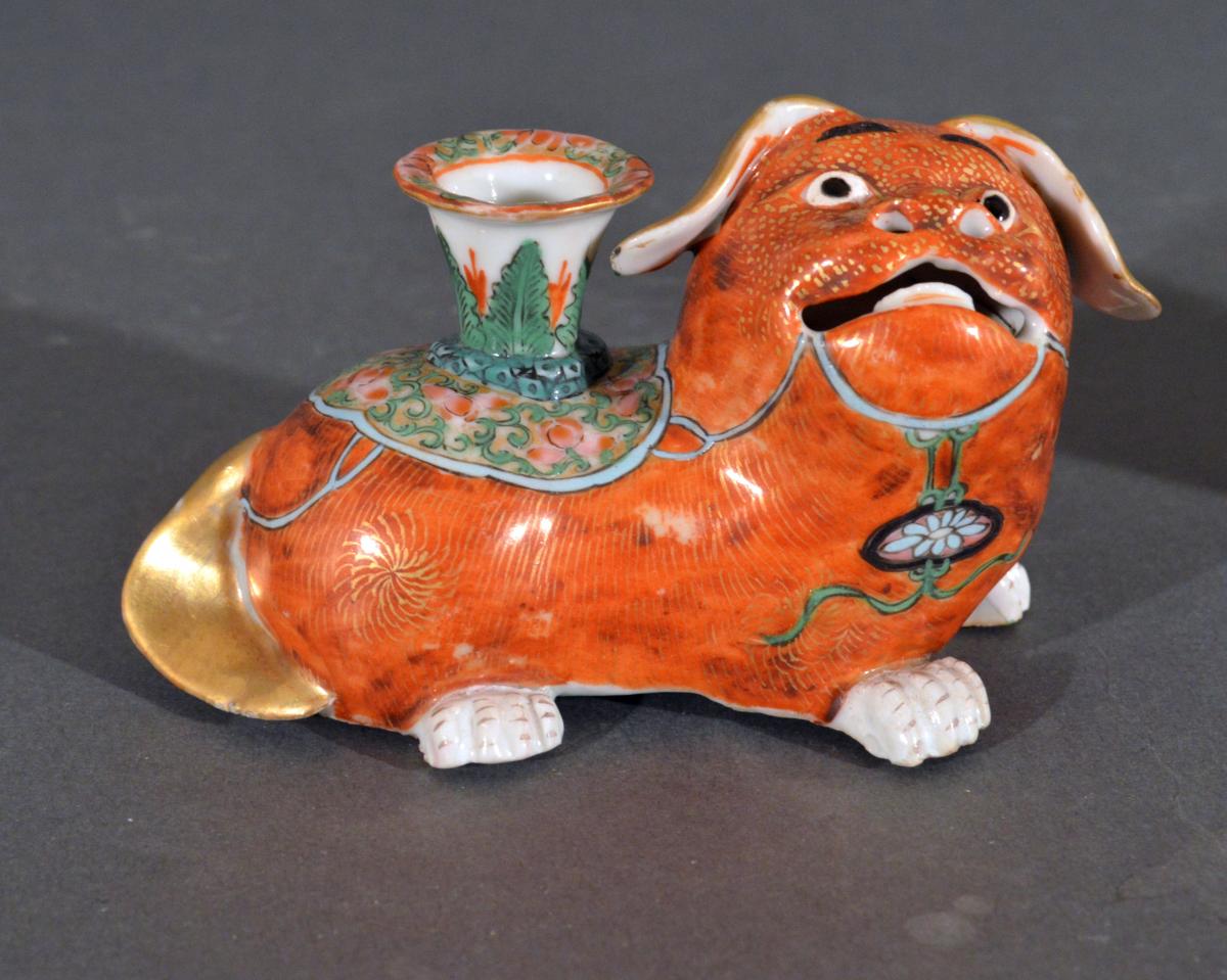 Chinese Export Porcelain Canton Pair of Foo Dog Candlesticks, Circa 1840-60 