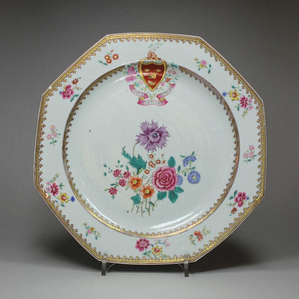 Chinese famille rose octagonal armorial plate, Qianlong (1736-95)