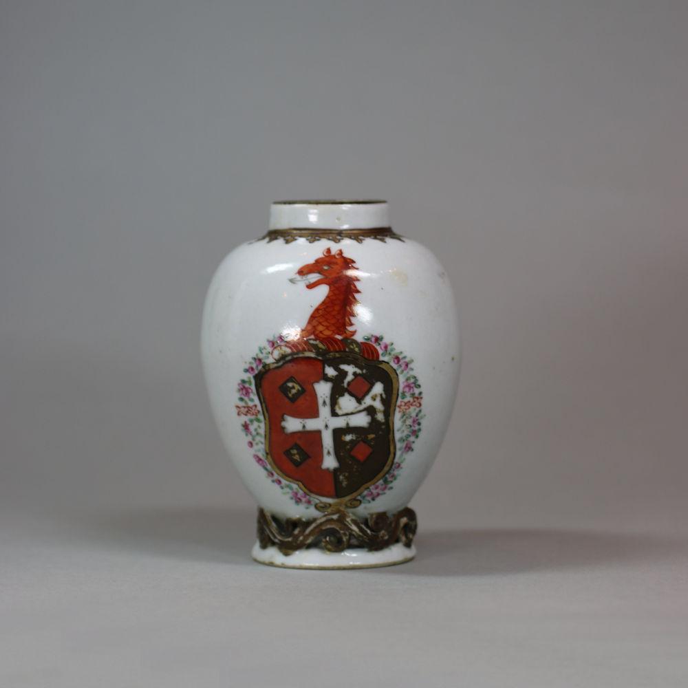 Chinese Armorial famille rose tea caddy, c. 1770, Qianlong (1736-95)