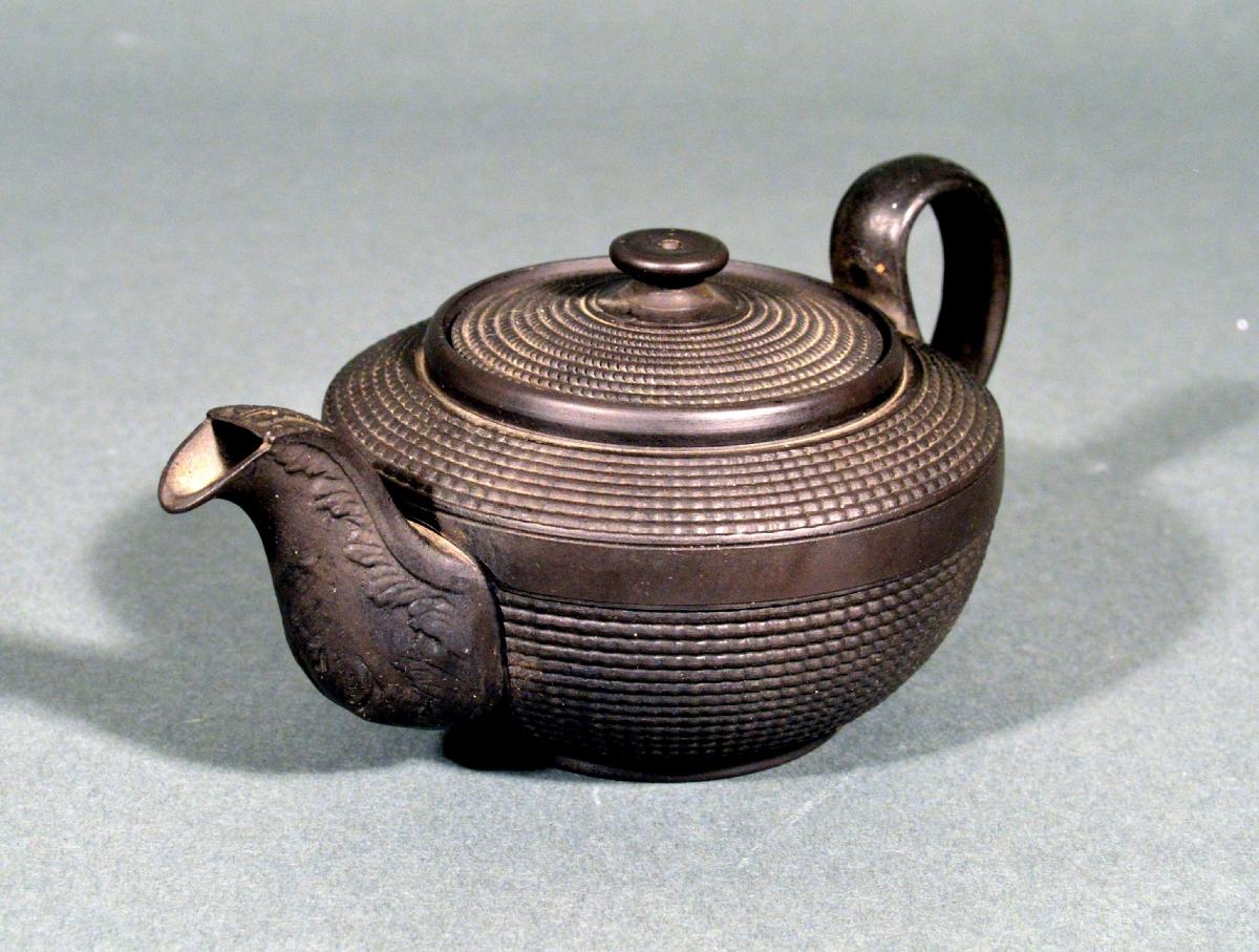 Antique English Engine-turned Black Jasperware Teapot, Possibly Leeds, Circa 1800