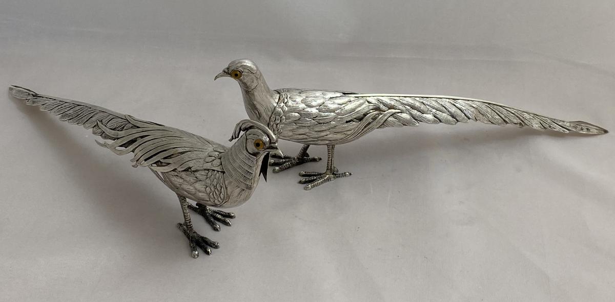 Pair of sterling silver pheasants 