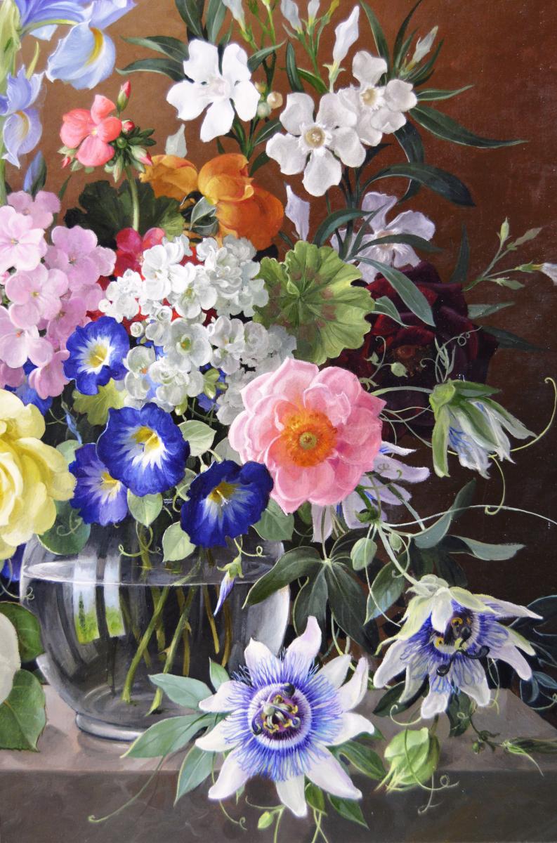 Still life oil painting of flowers in a glass vase by Harold Clayton