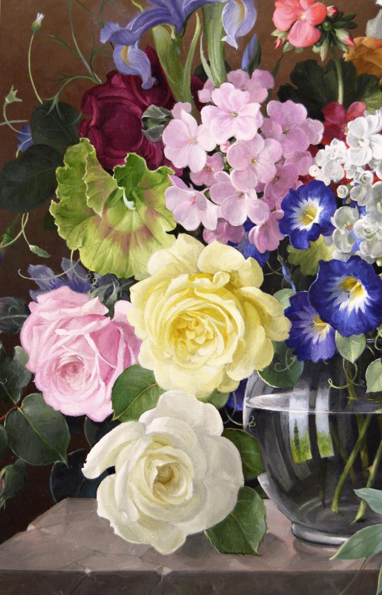 Still life oil painting of flowers in a glass vase by Harold Clayton