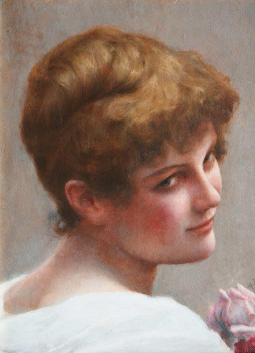 Portrait oil painting of a Young Woman with a Rose by Alfred Seifert