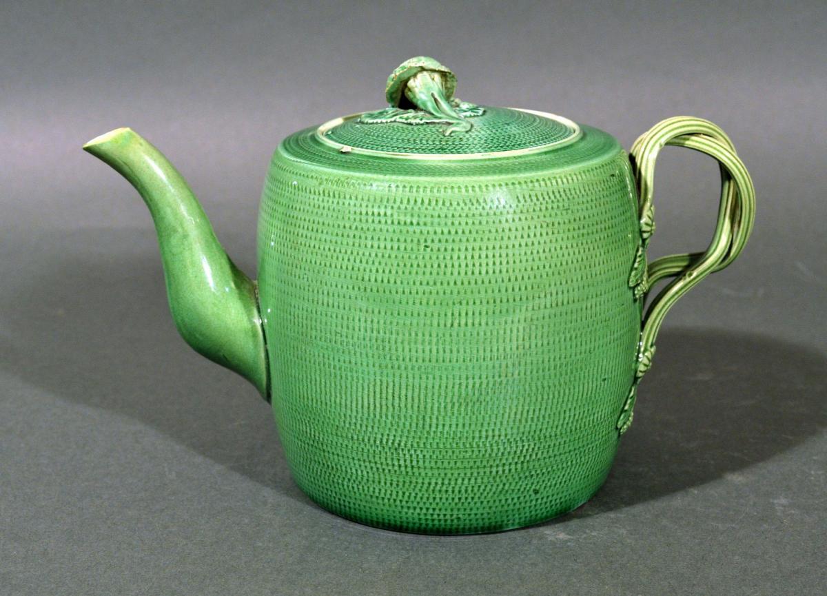 English Creamware Pottery Green Glazed Teapot & Cover Swinton, Yorkshire, Circa 1770