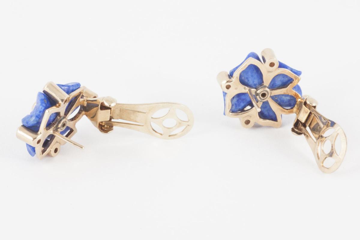 Vintage Lapis Lazuli Carved Flower Earrings with Diamond Collets, Italian* circa 1950