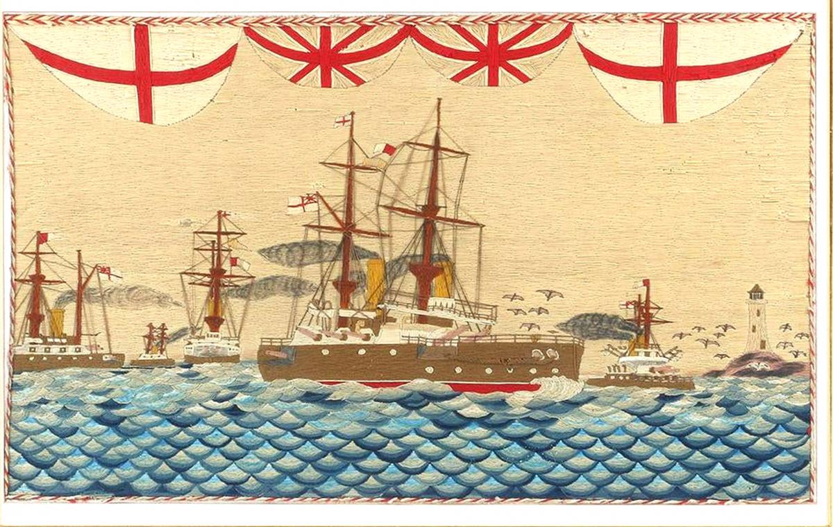 British Sailor's Woolwork of Five Battleships on a most Unusual Scallop-shell Shaped Waves