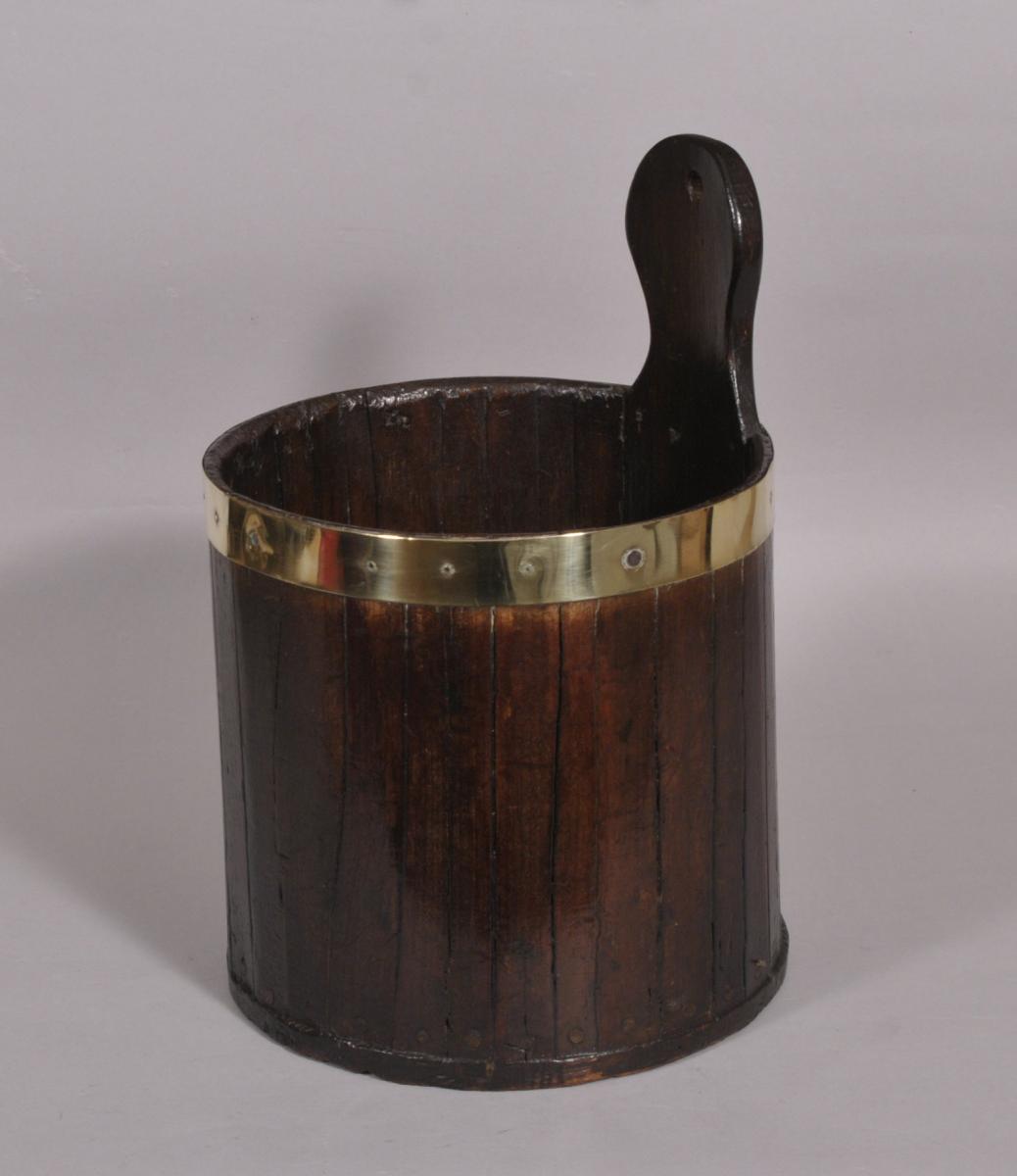S/4177 Antique Treen 19th Century Brass Bound Staved Pine Bucket