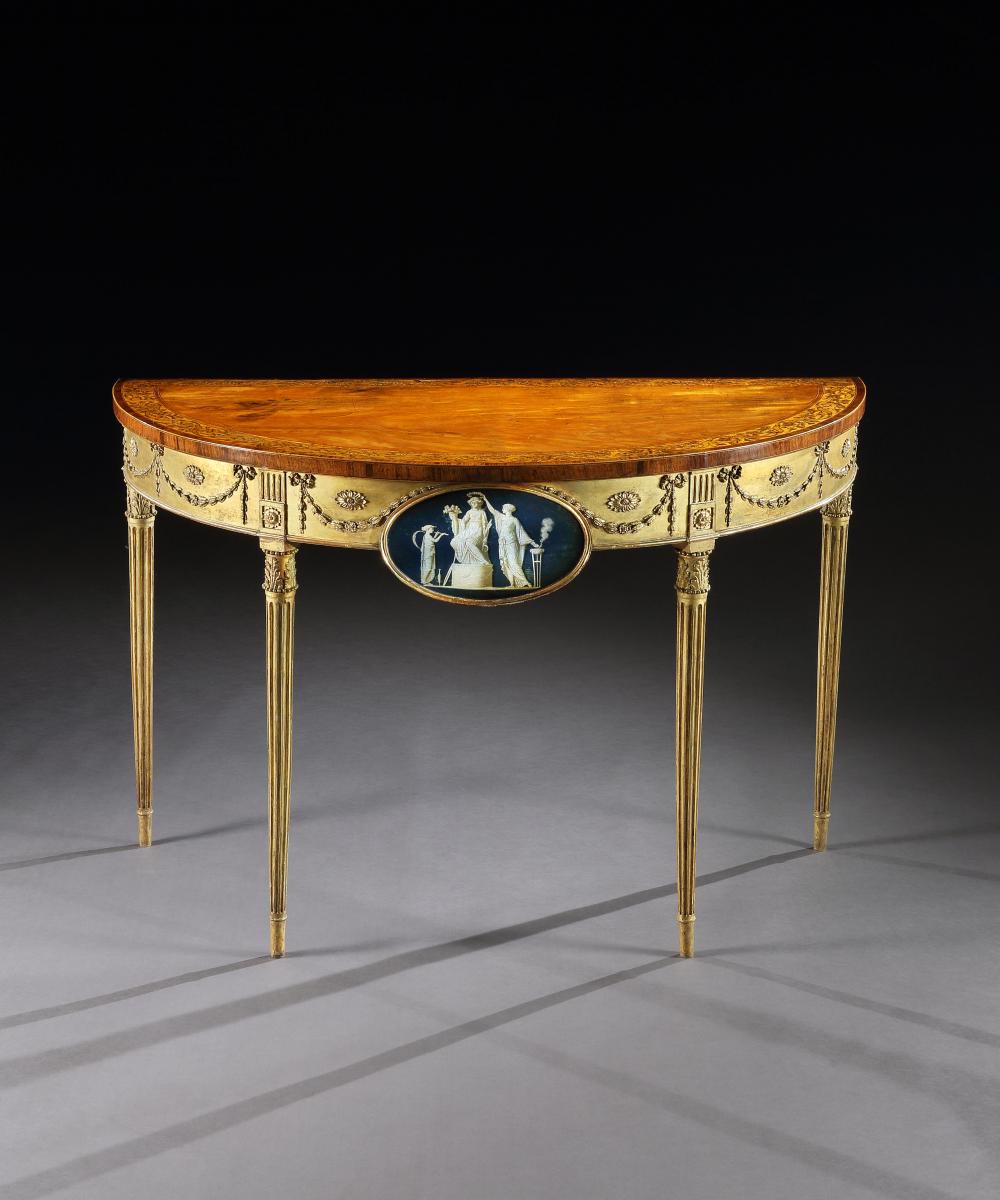 George III Satinwood Marquetry Giltwood and Composition Demi-Lune Side Table
