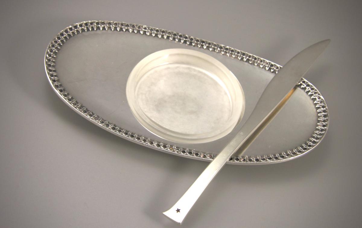 Arts and Crafts Sterling Silver Butter Dish and Butter Knife by Leslie Durbin
