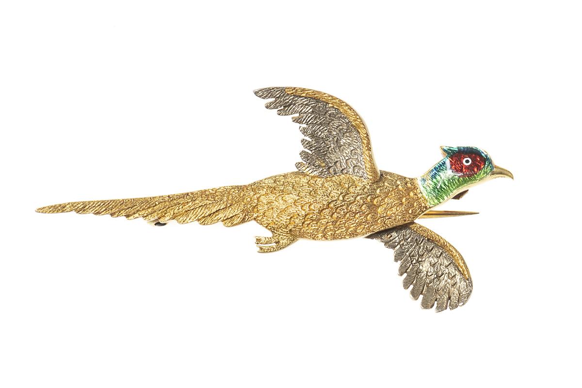Antique Brooch of a Cock Pheasant in Flight in Gold and Enamelling, English circa 1920.