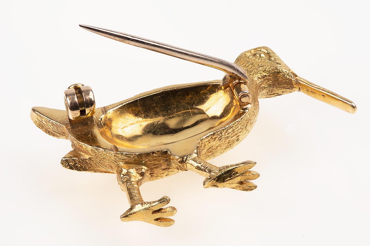Antique 18 Carat Gold Brooch of a Snipe Game Bird with Diamond Eye, English circa 1880