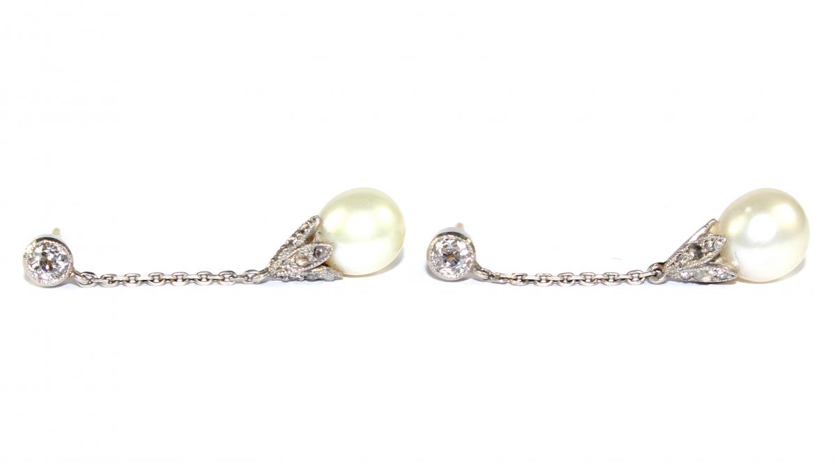 Art Deco Natural Pearl and Diamond Earrings circa 1930