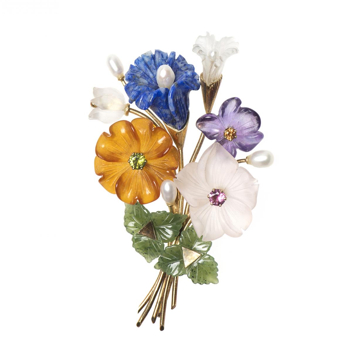 Viennese Botanical Spray Brooch in 14 Karat Gold of Carved Flowers in Coloured Stones, Austrian circa 1950