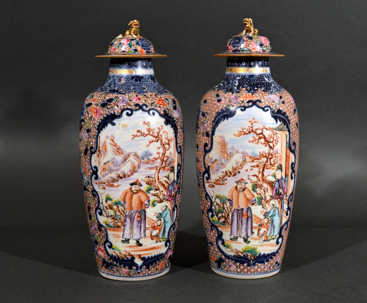 Chinese Export Porcelain Mandarin Vases & Covers, Circa 1780