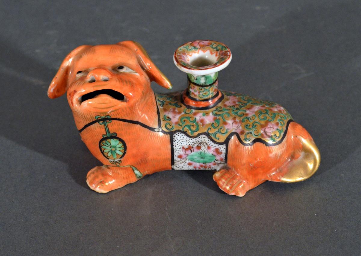 Chinese Export Porcelain Foo Dog Candlesticks, Circa 1860