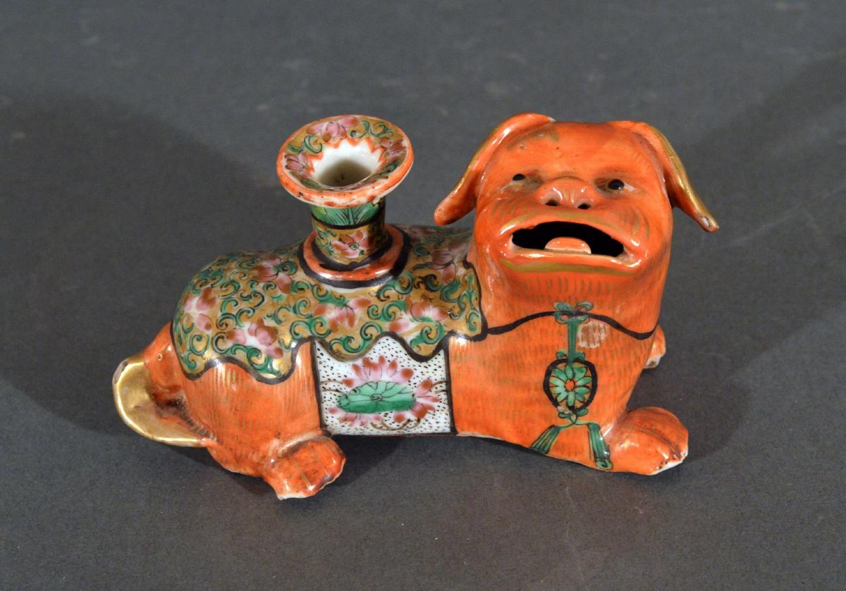 Chinese Export Porcelain Foo Dog Candlesticks, Circa 1860