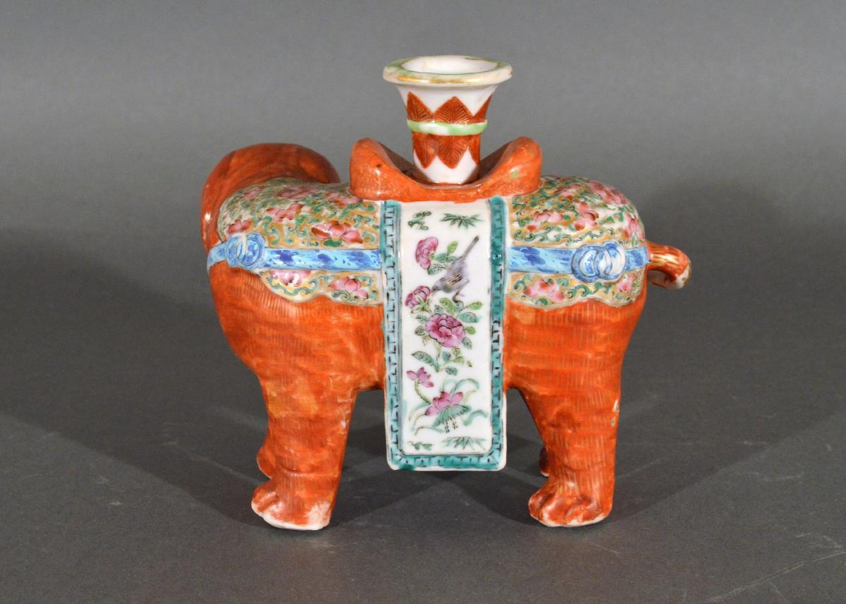 Chinese Export Porcelain Canton Famille Rose Elephant Modelled as a Candlestick, circa 1860