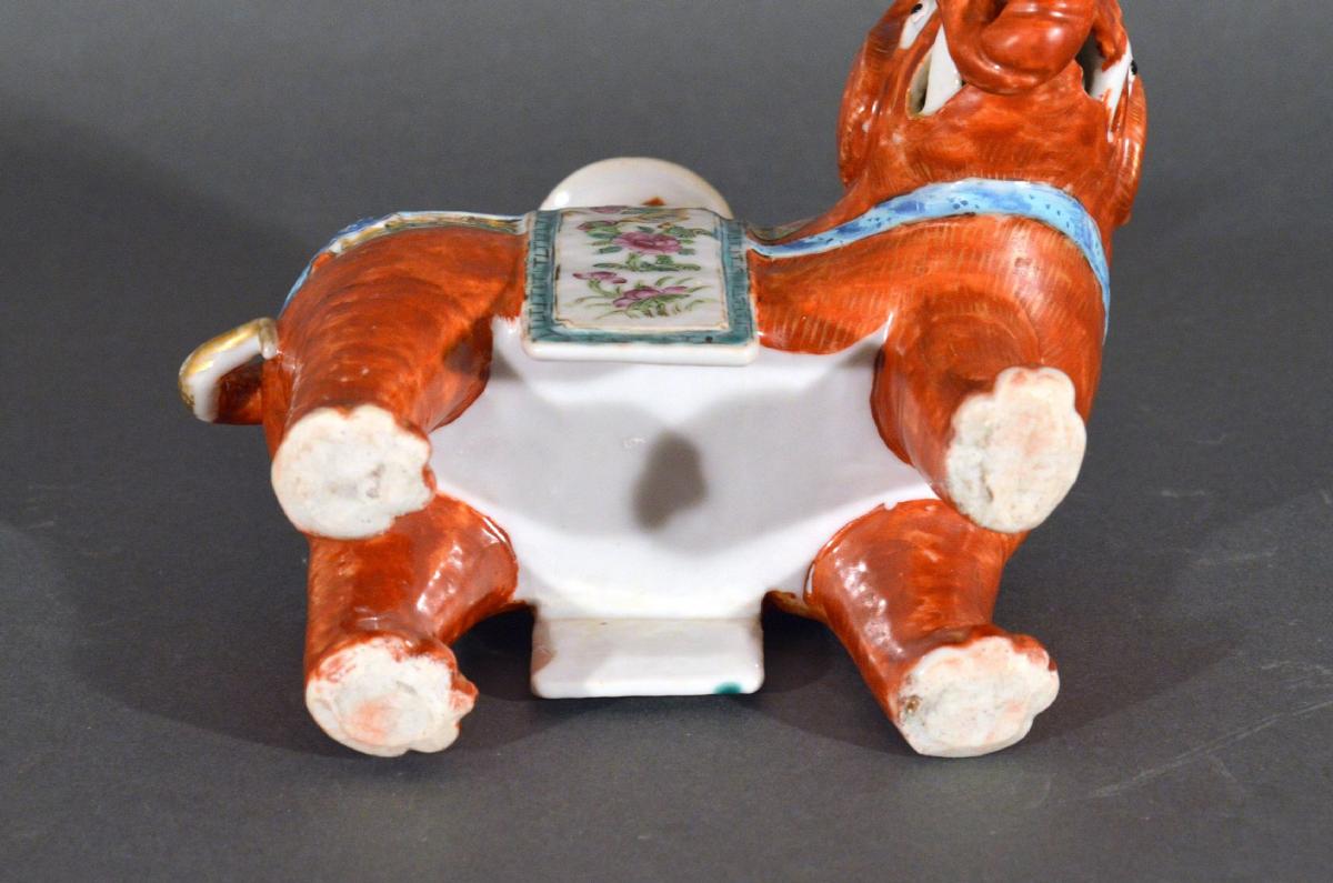 Chinese Export Porcelain Canton Famille Rose Elephant Modelled as a Candlestick, circa 1860