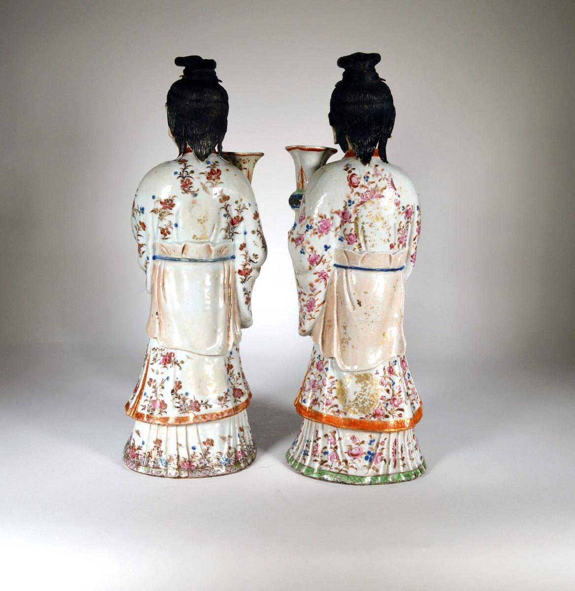 Chinese Export Pair of Maiden Candlesticks, Circa 1760-75