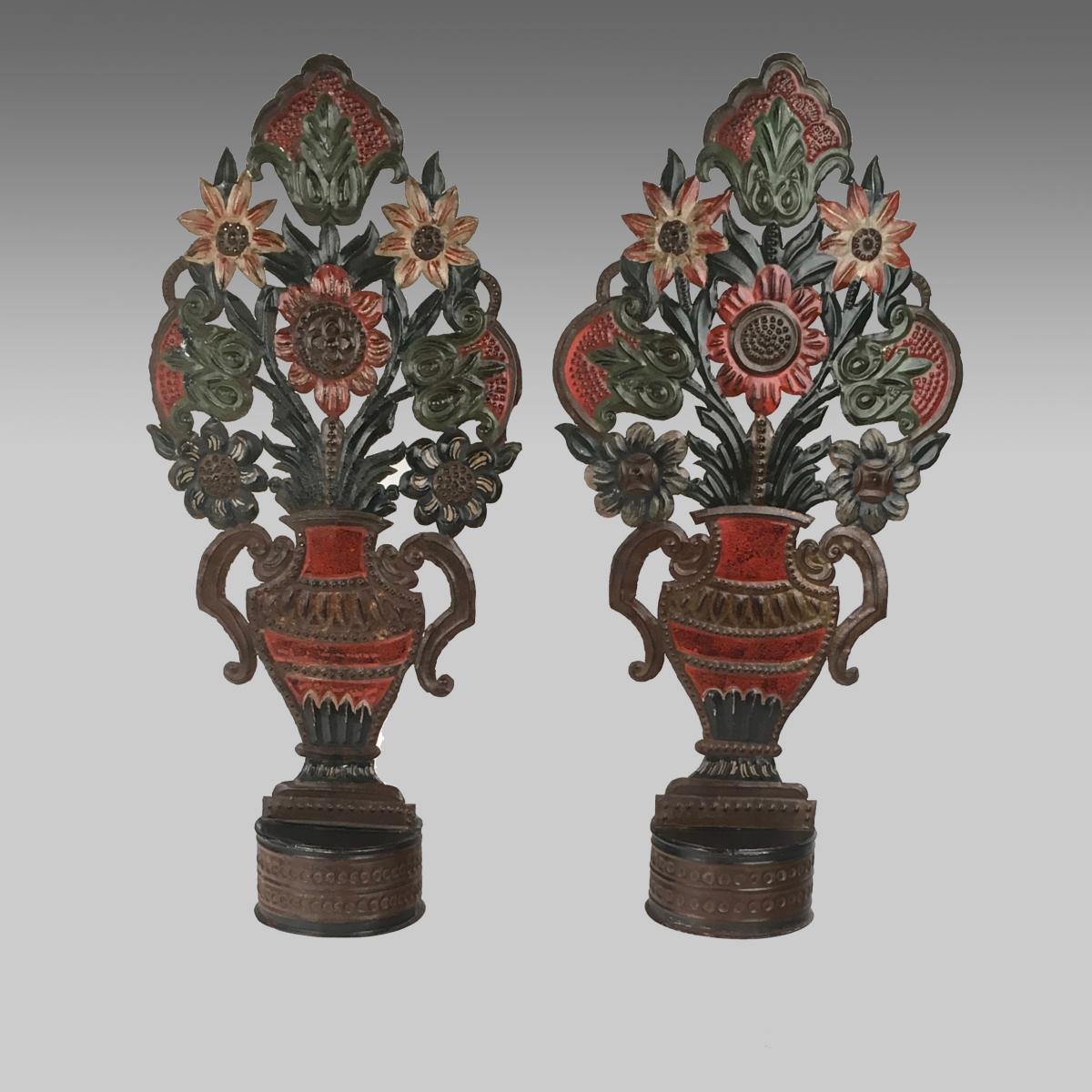 pair painted polychrome tole mantel ornaments