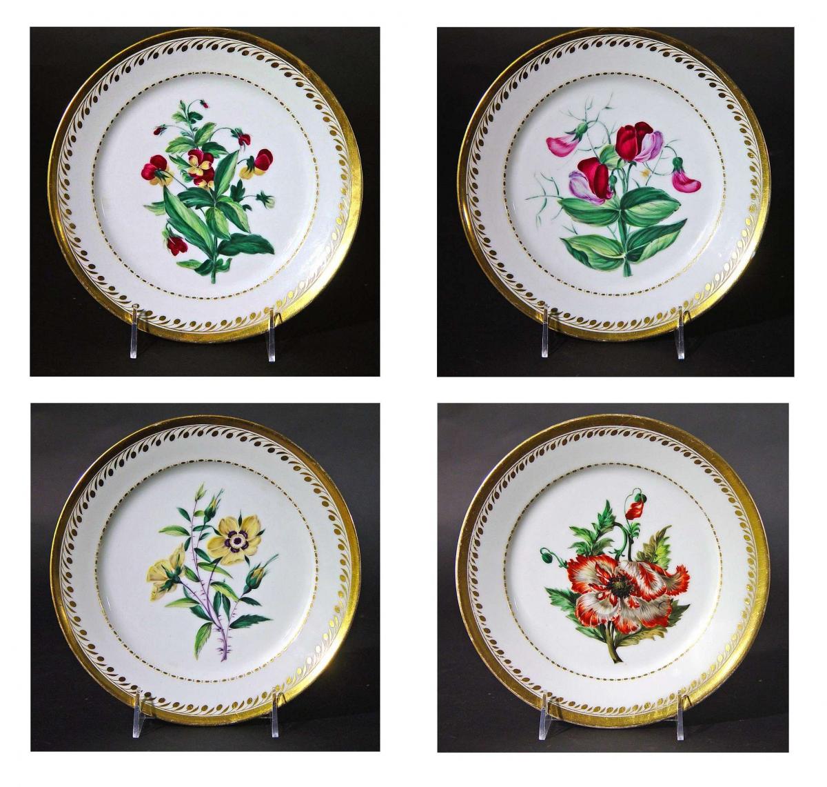 Antique Paris Porcelain Set of Botanical Plates, Marked Flamen-Fleury, Circa 1830-35