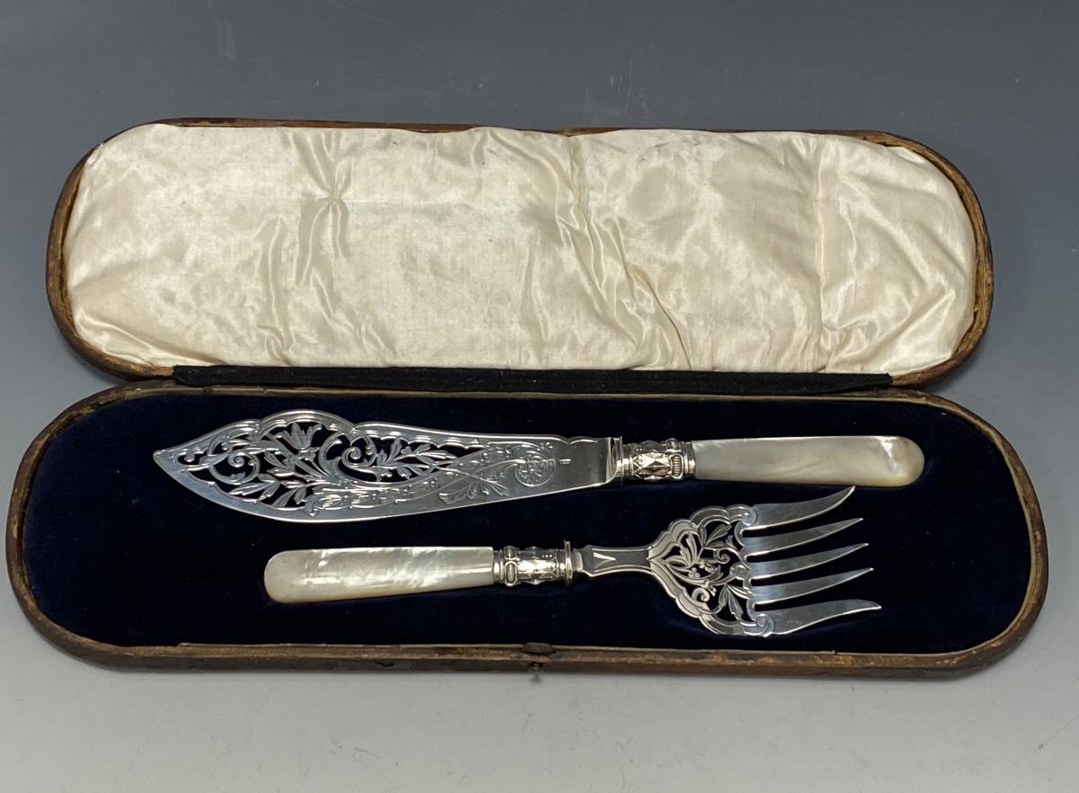 Pair of Antique Silver and Mother of Pearl Fish Servers 1877 by