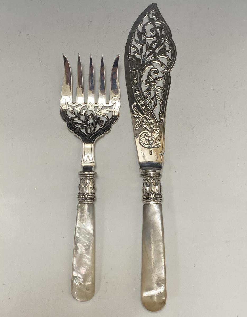 Walker and Hall mother of pearl fish servers 1877