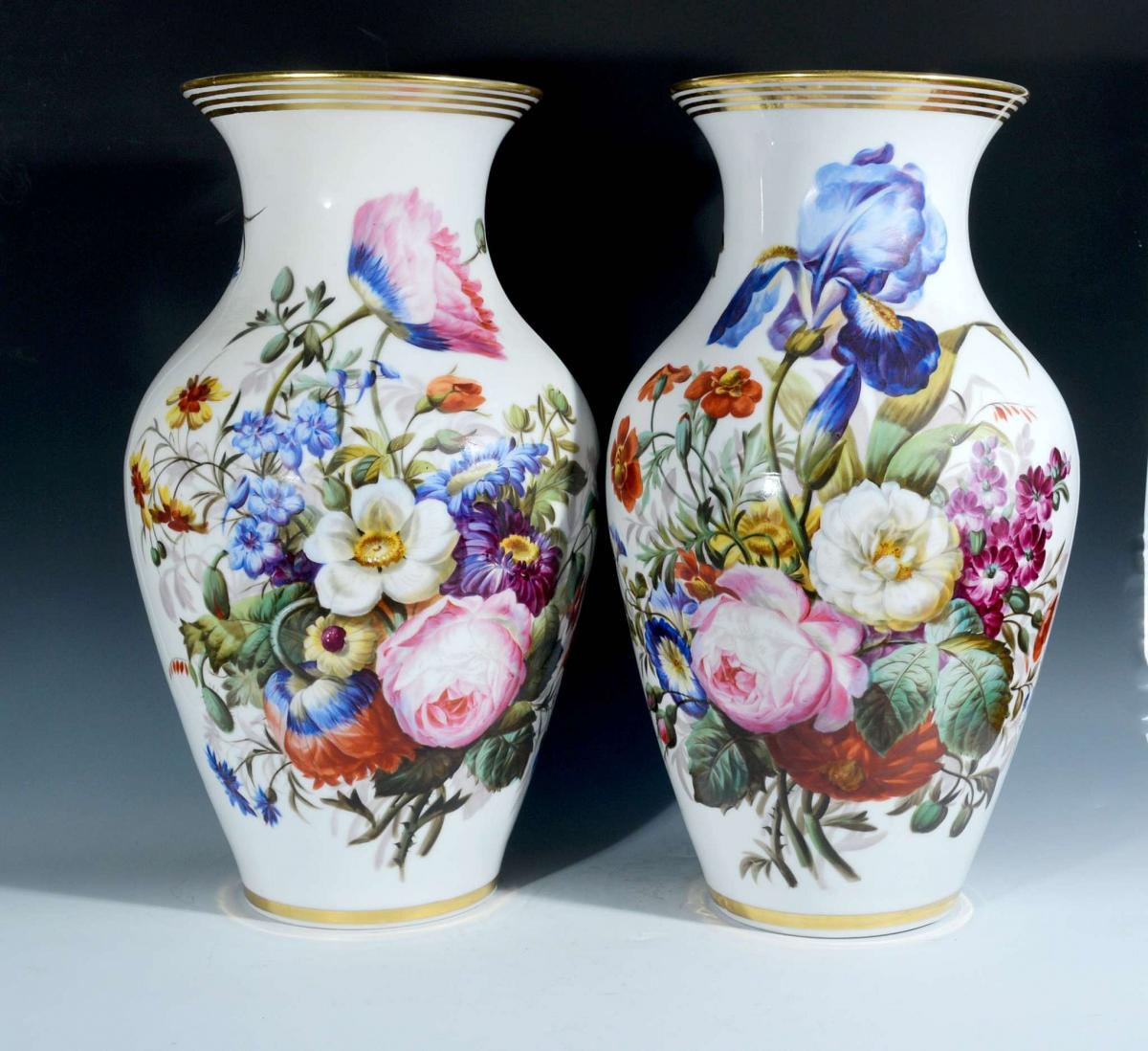 Pair of Paris Porcelain Botanical Vases, Mid-19th century