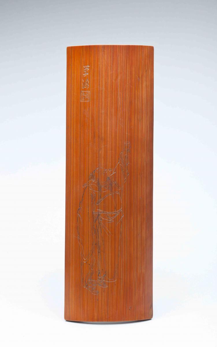 curved bamboo wristrest delicately engraved with Li Bai drinking under the moon