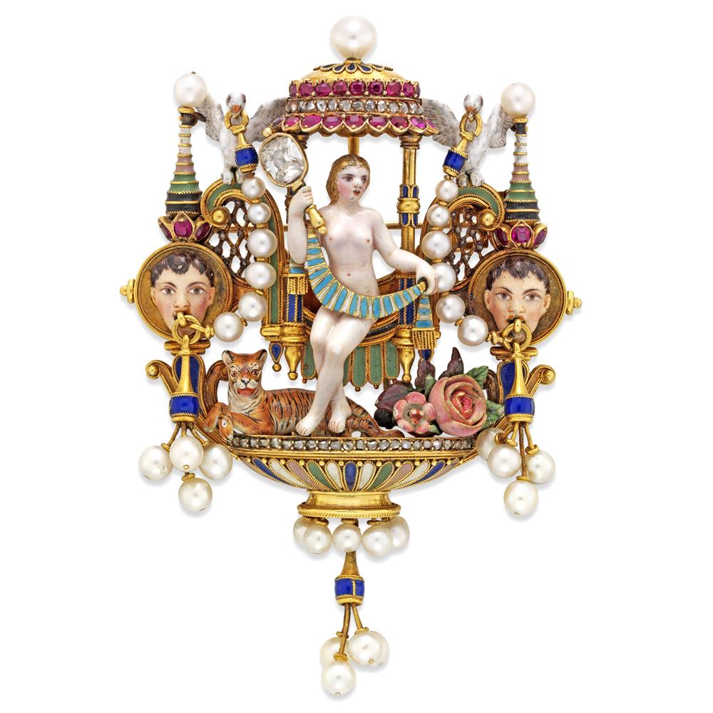 An important Giuliano Renaissance-Revival gold and enamel gem-set brooch