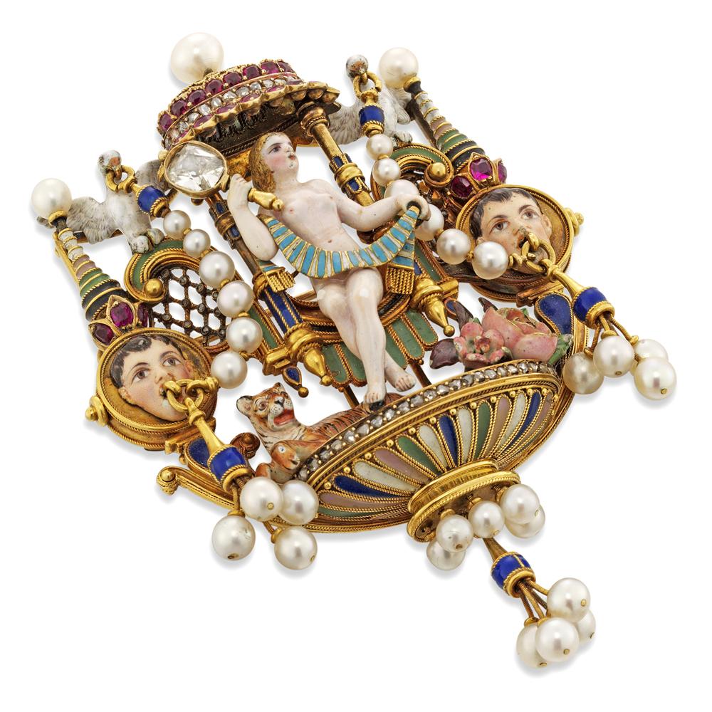 An important Giuliano Renaissance-Revival gold and enamel gem-set brooch